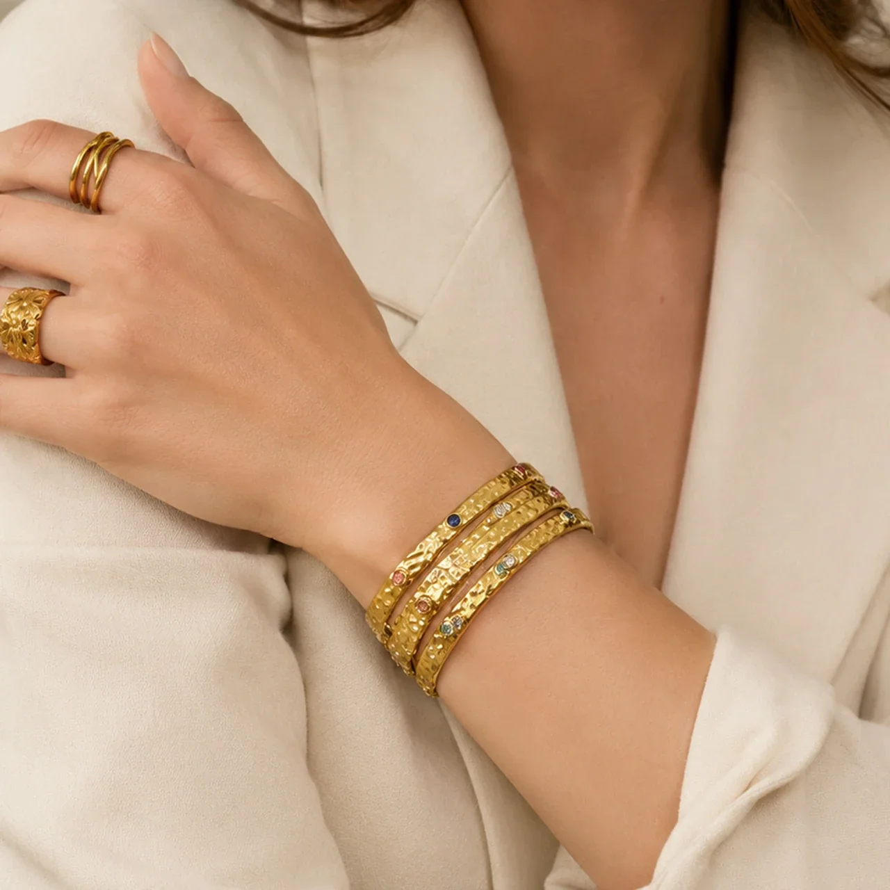 Hammered Gold-Plated Steel Bezel CZ Bangle