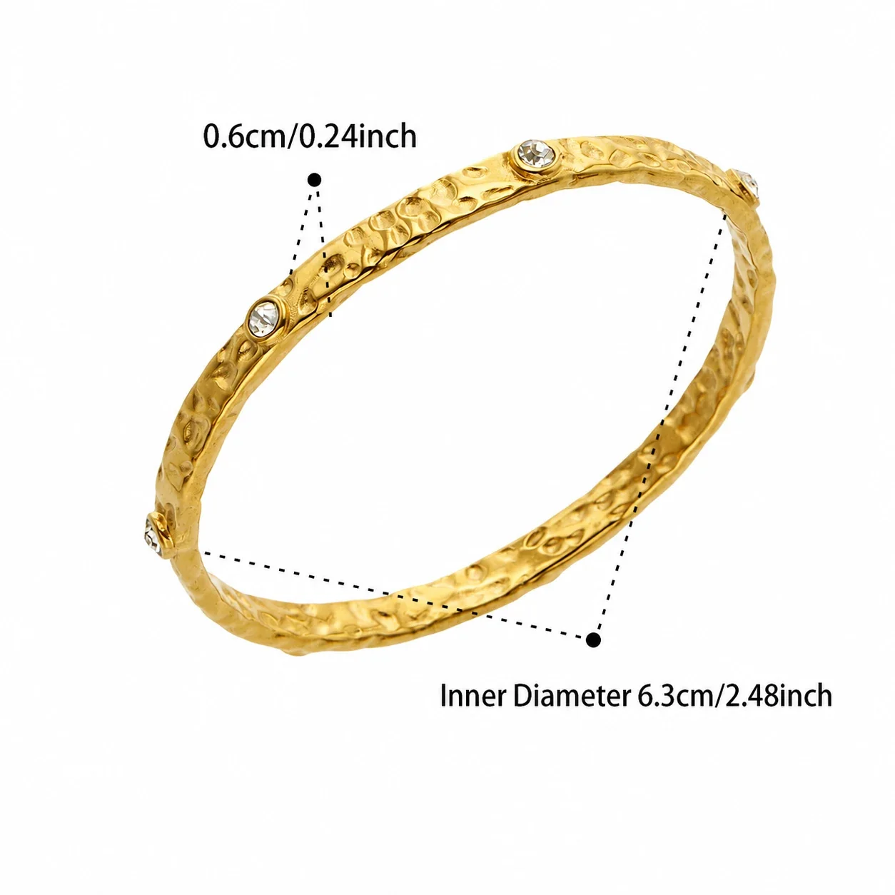 Hammered Gold-Plated Steel Bezel CZ Bangle - Gold White CZ
