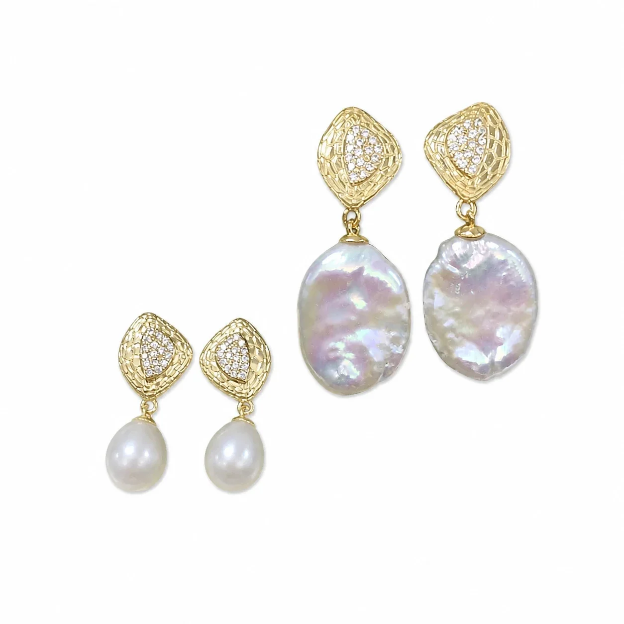 Sculptural Gold-Plated Lattice Freshwater Pearl Drop Earrings