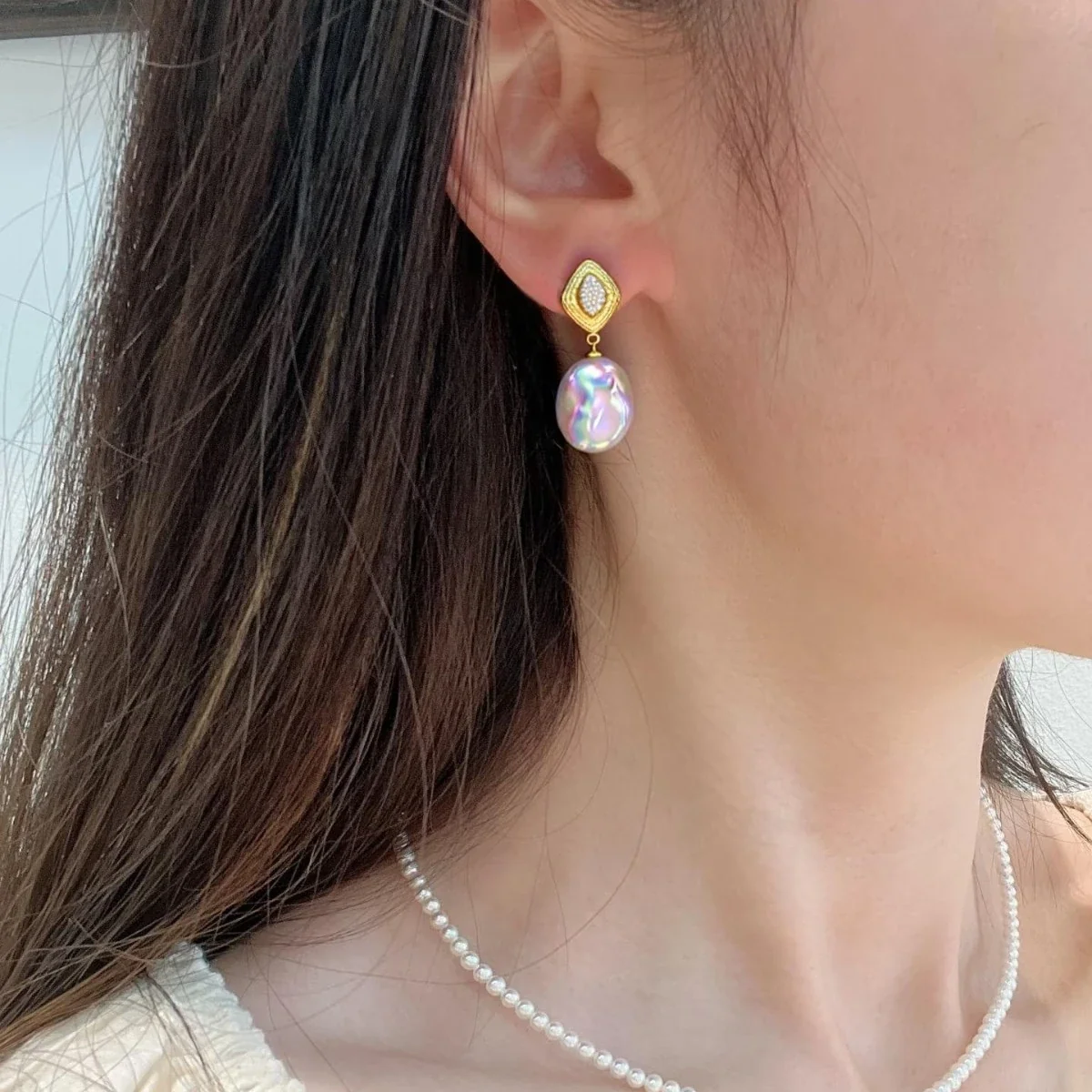 Sculptural Gold-Plated Lattice Freshwater Pearl Drop Earrings