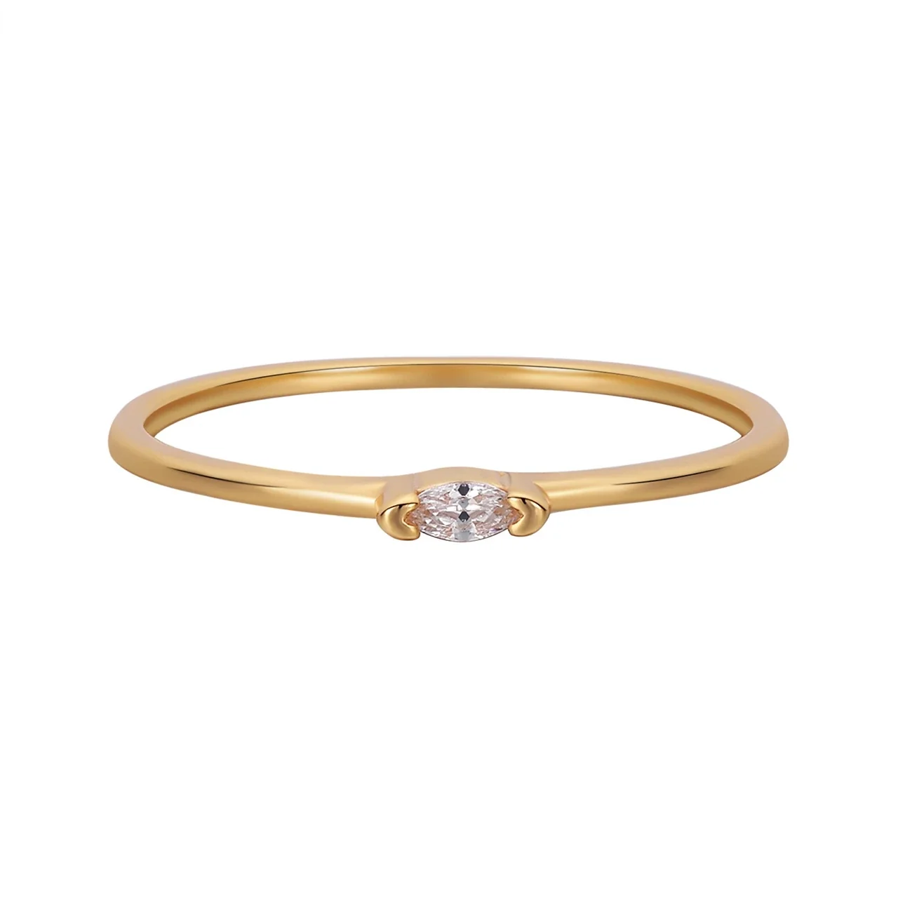 Delicate 925 Sterling Silver Prong-Set Marquise Slim Ring - Gold Clear Stone
