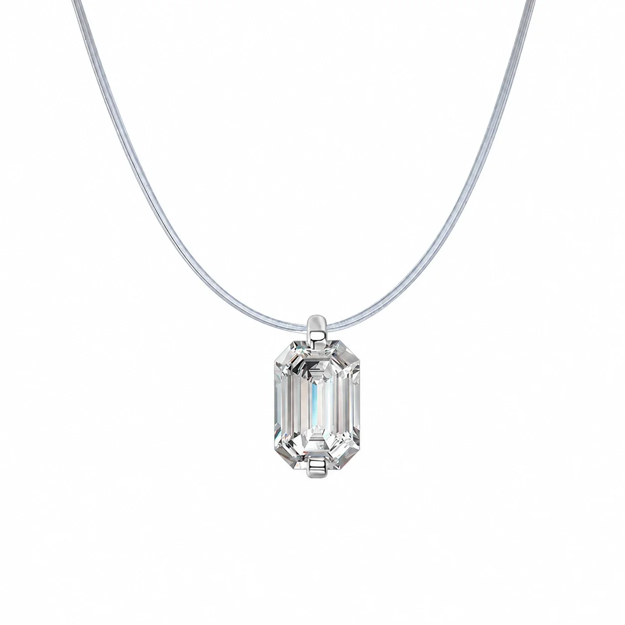 Minimal 925 Sterling Silver Emerald-Cut Clear-Cord Pendant Necklace