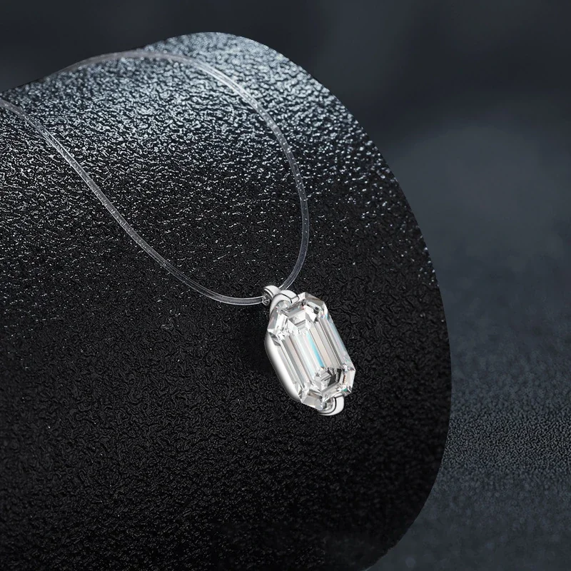 Minimal 925 Sterling Silver Emerald-Cut Clear-Cord Pendant Necklace