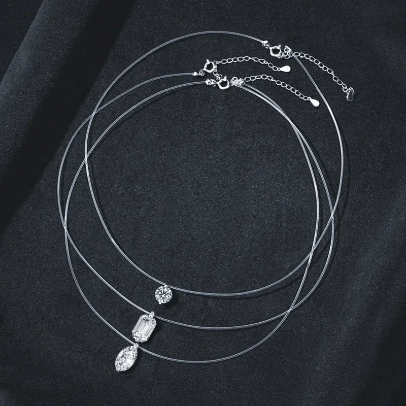 Minimal 925 Sterling Silver Emerald-Cut Clear-Cord Pendant Necklace