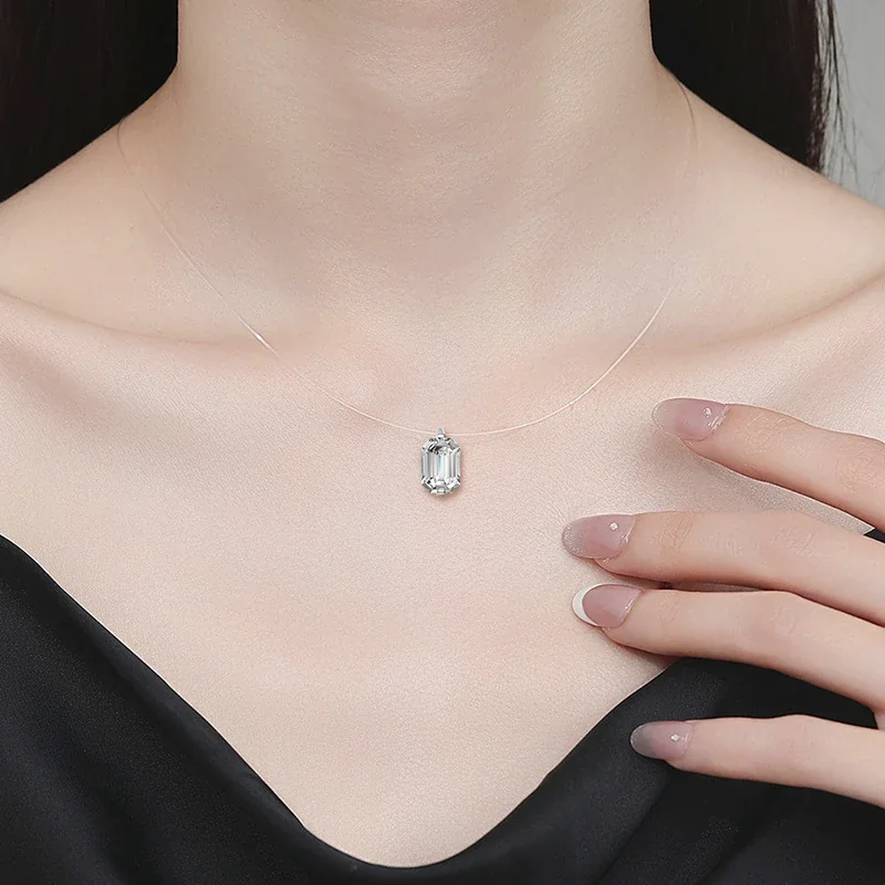Minimal 925 Sterling Silver Emerald-Cut Clear-Cord Pendant Necklace