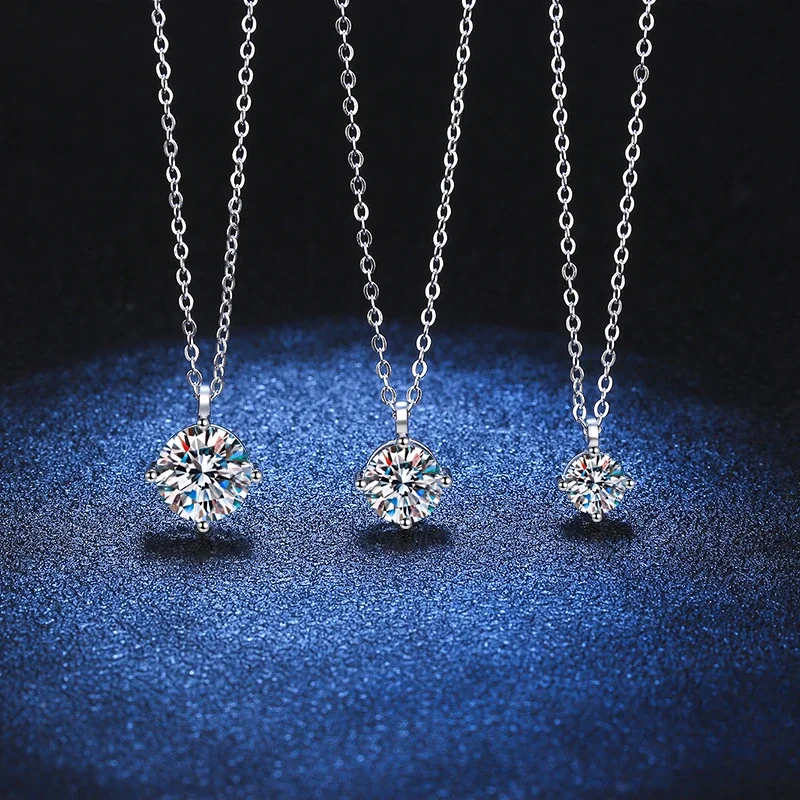 Delicate 925 Sterling Silver Four-Prong Round Moissanite Necklace - . ct Moissanite