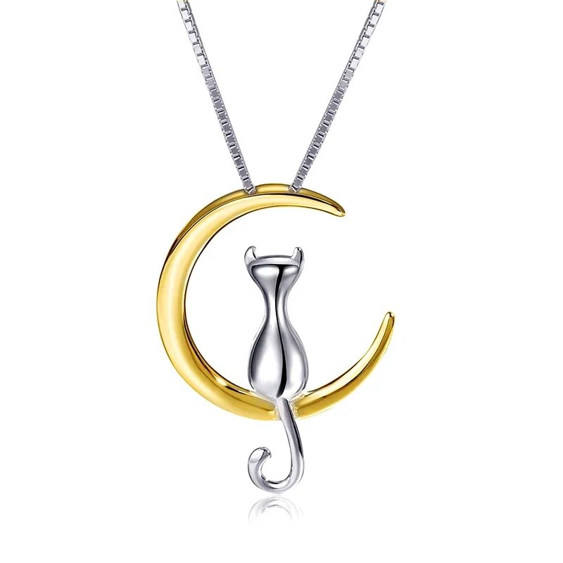Whimsical Crescent Cat Copper Box Chain Pendant Necklace