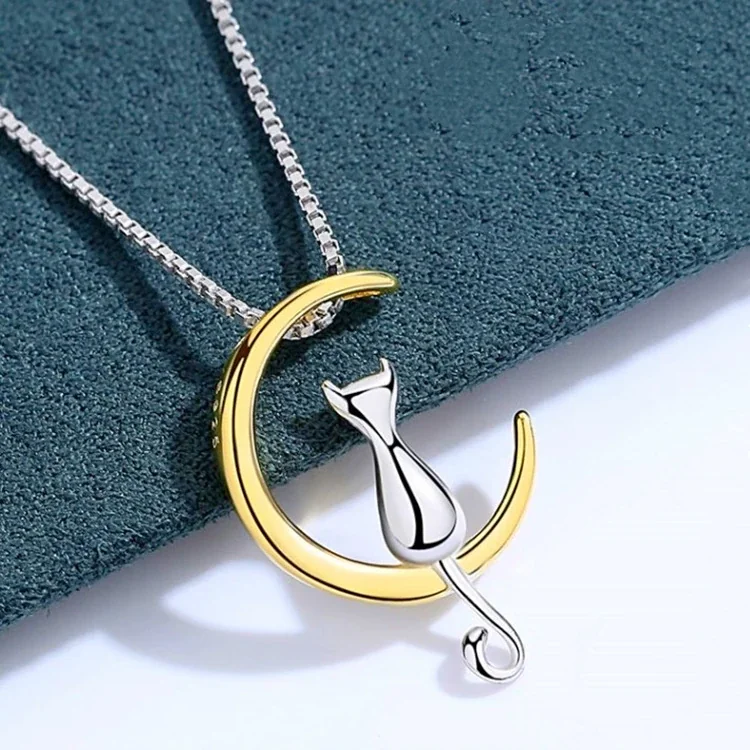 Whimsical Crescent Cat Copper Box Chain Pendant Necklace