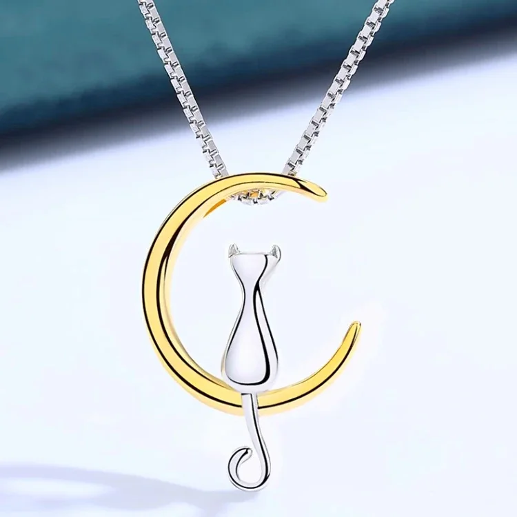 Whimsical Crescent Cat Copper Box Chain Pendant Necklace