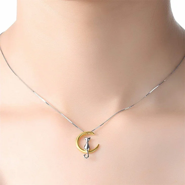Whimsical Crescent Cat Copper Box Chain Pendant Necklace