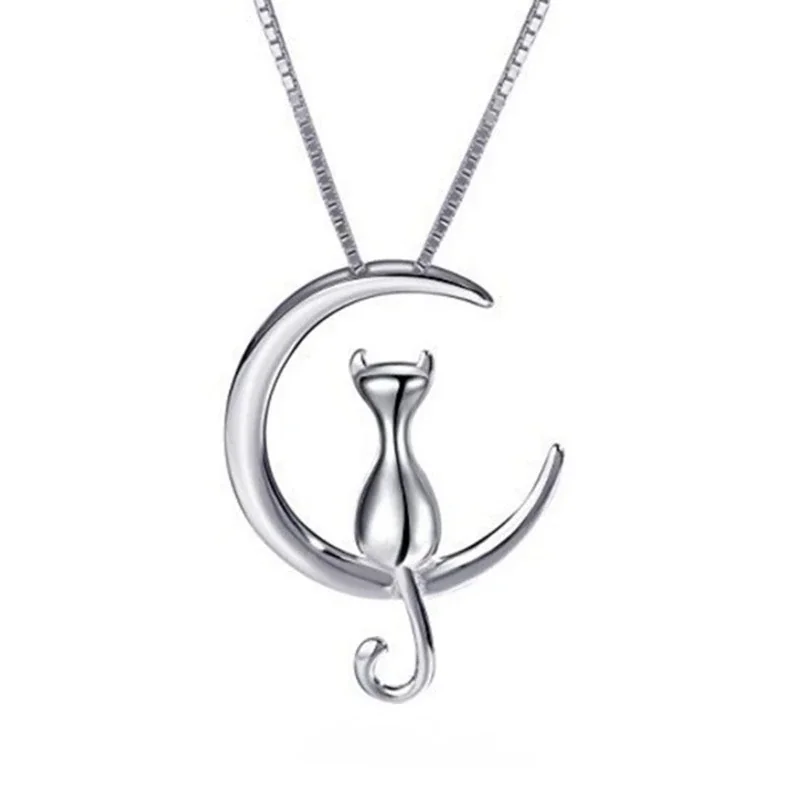 Whimsical Crescent Cat Copper Box Chain Pendant Necklace