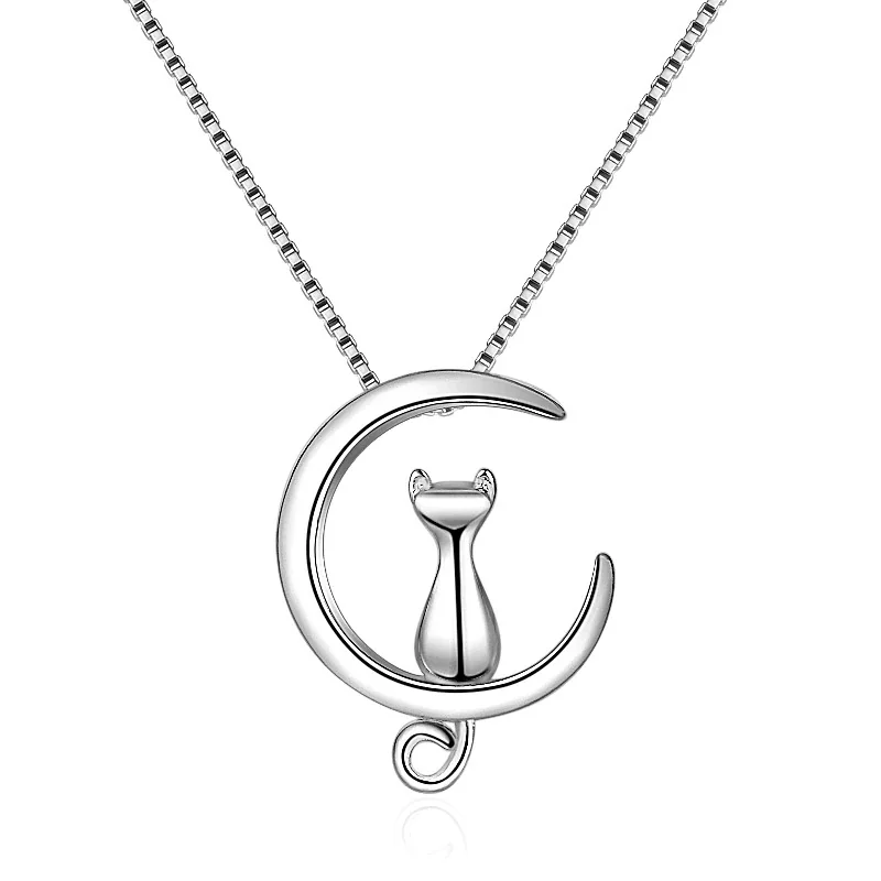 Whimsical Crescent Cat Copper Box Chain Pendant Necklace - Silver