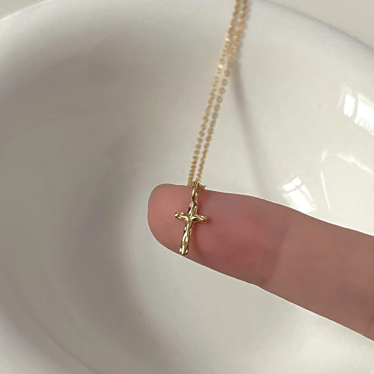 Hammered Cross 925 Sterling Silver Pendant Necklace - Gold