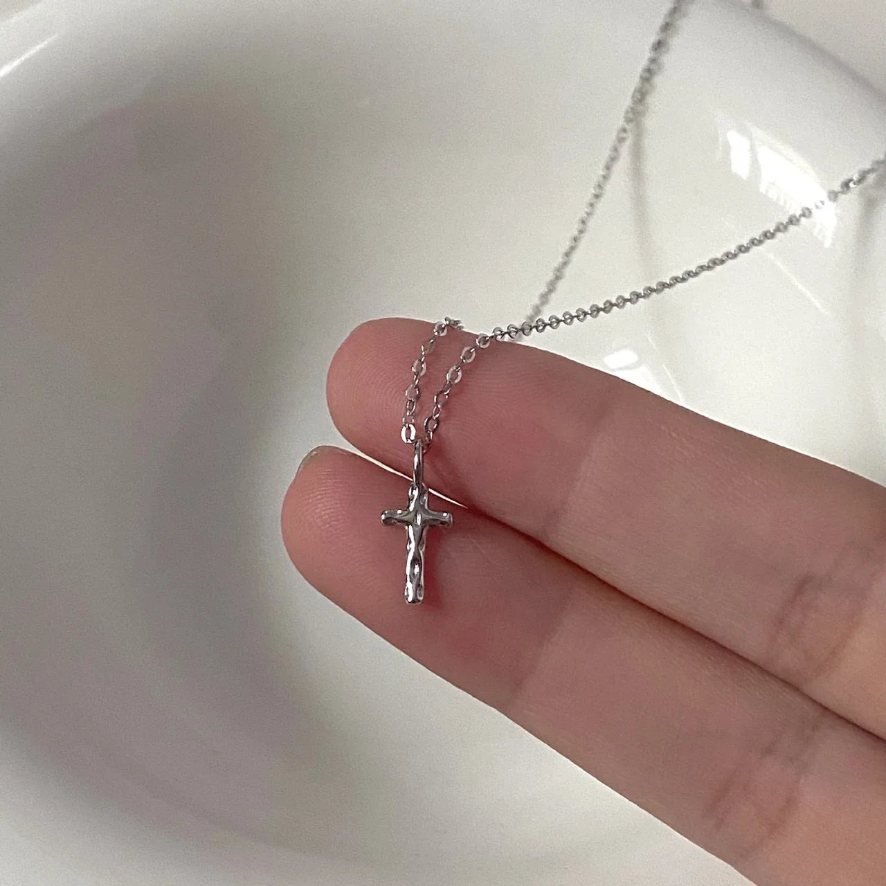 Hammered Cross 925 Sterling Silver Pendant Necklace - Silver