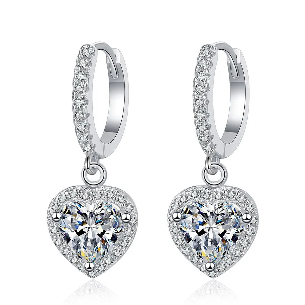 Radiant Heart Pave 925 Sterling Silver Huggie Drop Earrings