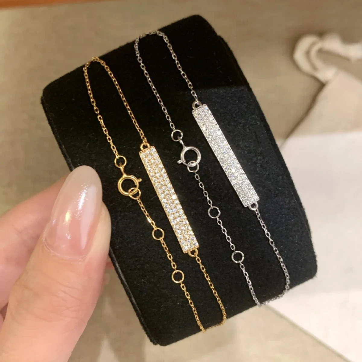 Polished 925 Sterling Silver Pavé Bar Cable Chain Bracelet