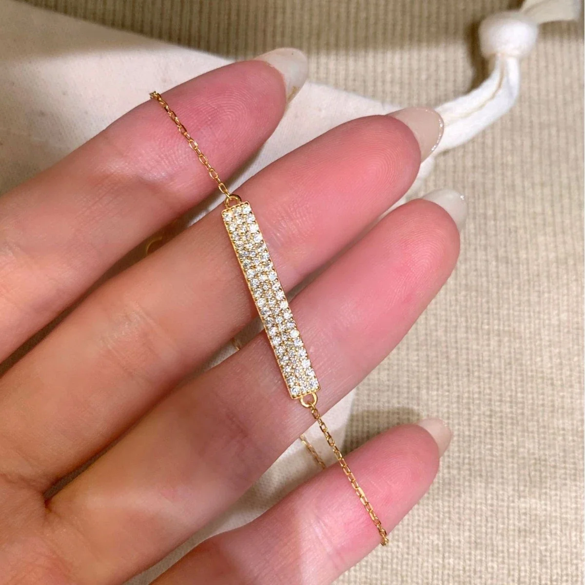Polished 925 Sterling Silver Pavé Bar Cable Chain Bracelet