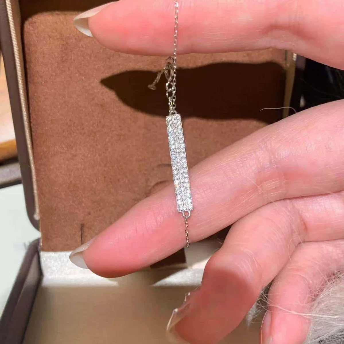 Polished 925 Sterling Silver Pavé Bar Cable Chain Bracelet