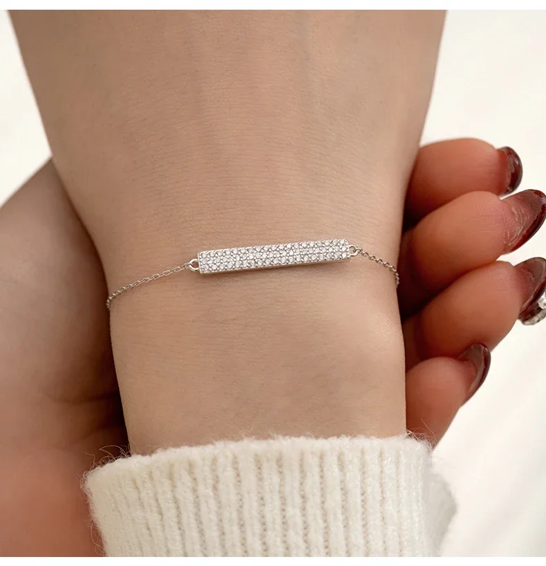 Polished 925 Sterling Silver Pavé Bar Cable Chain Bracelet - Silver
