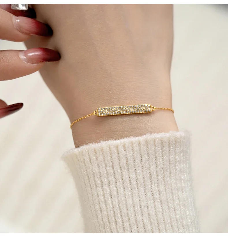 Polished 925 Sterling Silver Pavé Bar Cable Chain Bracelet - Gold