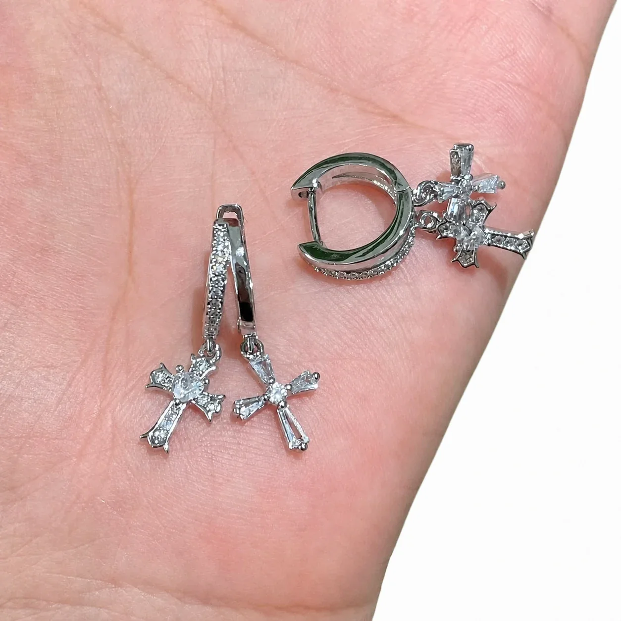 Radiant Double Cross Pavé CZ Copper Hoop Earrings - Silver