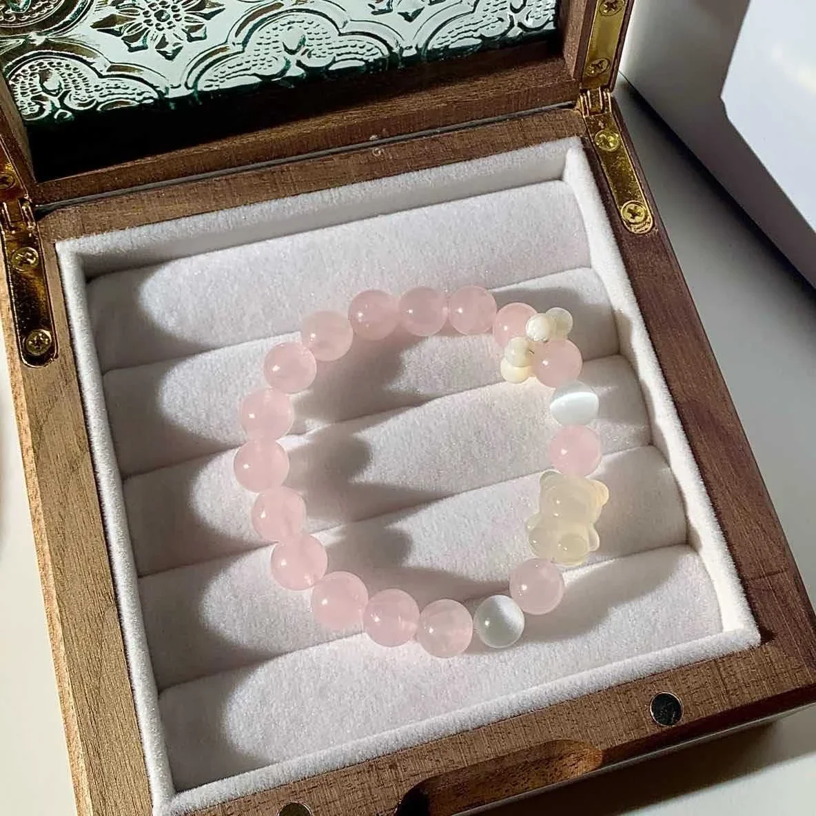Playful Crystal Teddy Bear Pink Bead Bracelet