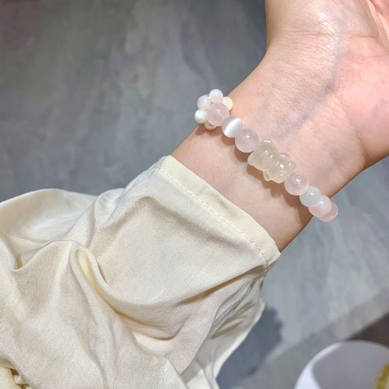 Playful Crystal Teddy Bear Pink Bead Bracelet