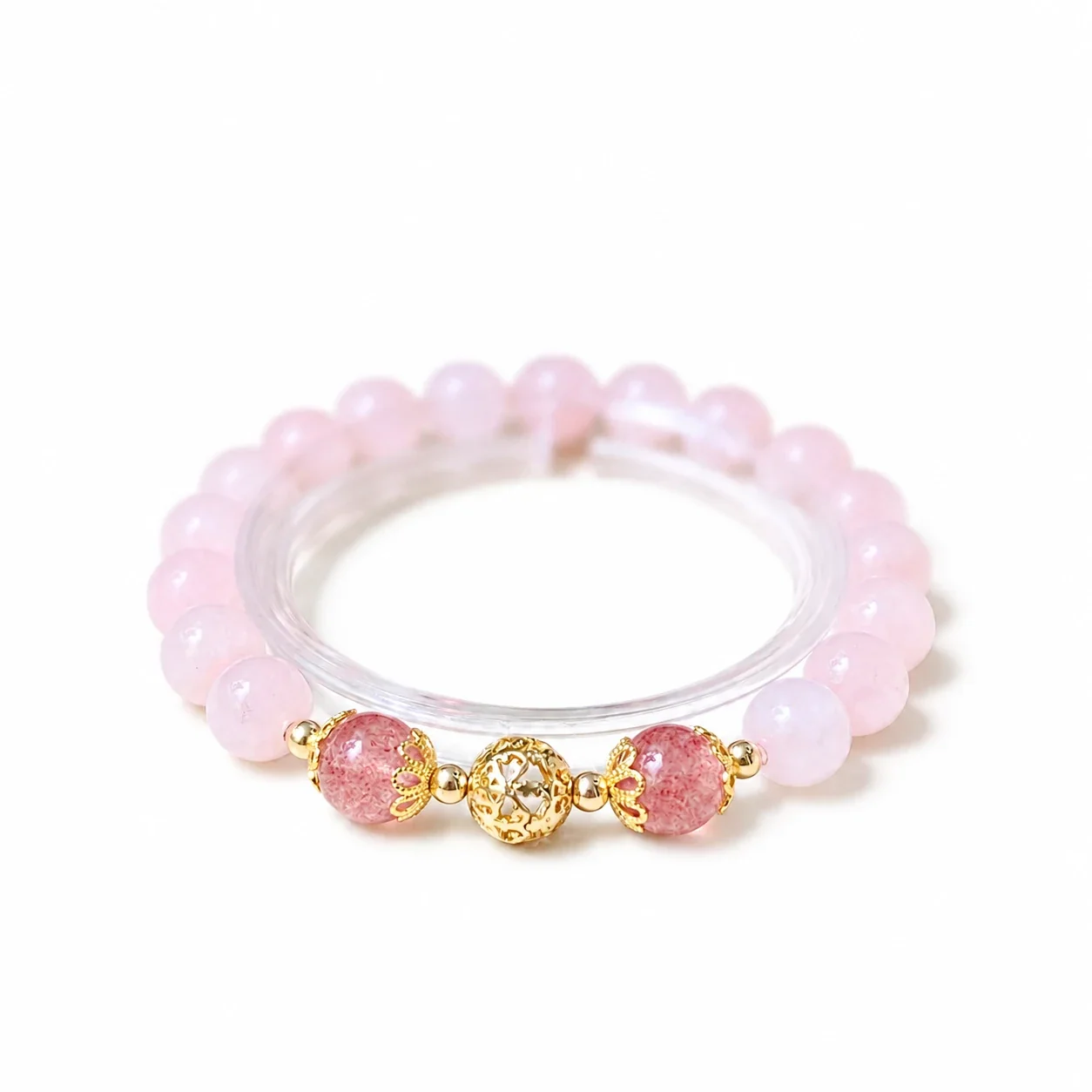 Playful Crystal Teddy Bear Pink Bead Bracelet - Pink Crystal Strawberry Crystal Copper