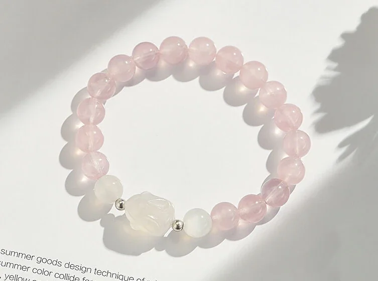 Playful Crystal Teddy Bear Pink Bead Bracelet - Pink Crystal Agate Copper