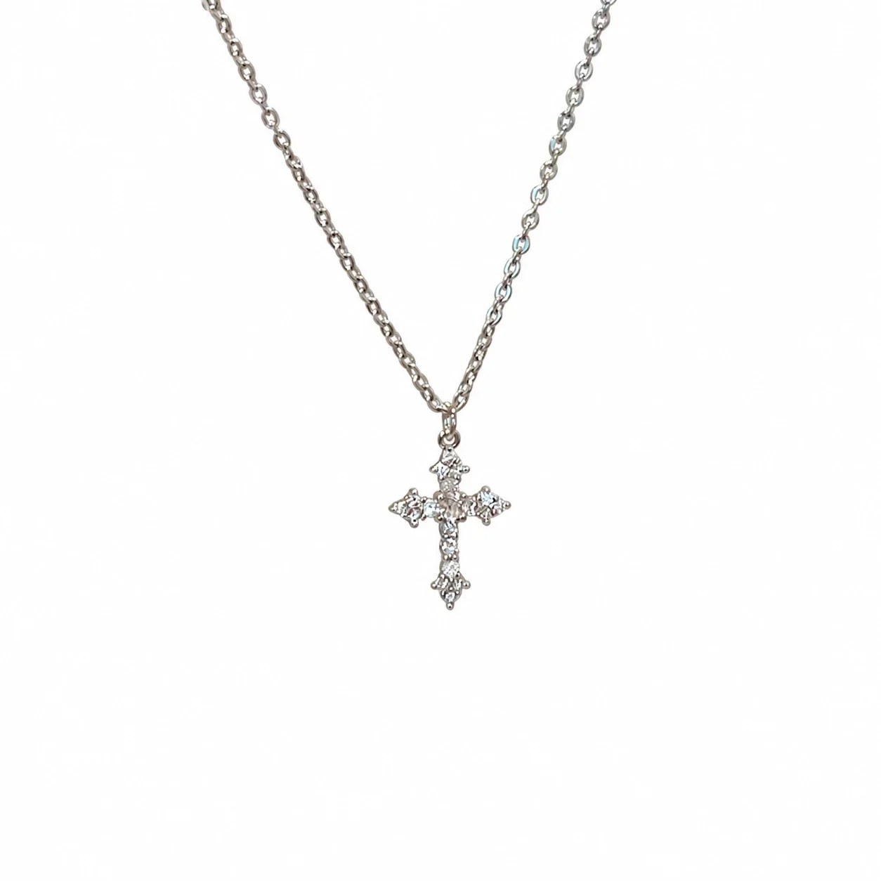 Ornate 925 Sterling Silver Clear-Stone Cross Pendant Necklace