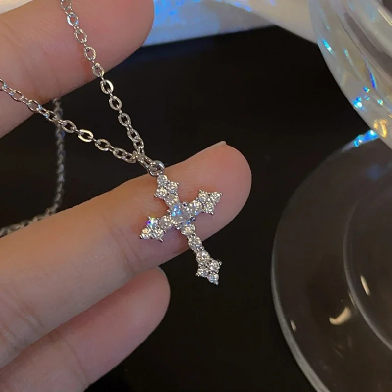 Ornate 925 Sterling Silver Clear-Stone Cross Pendant Necklace