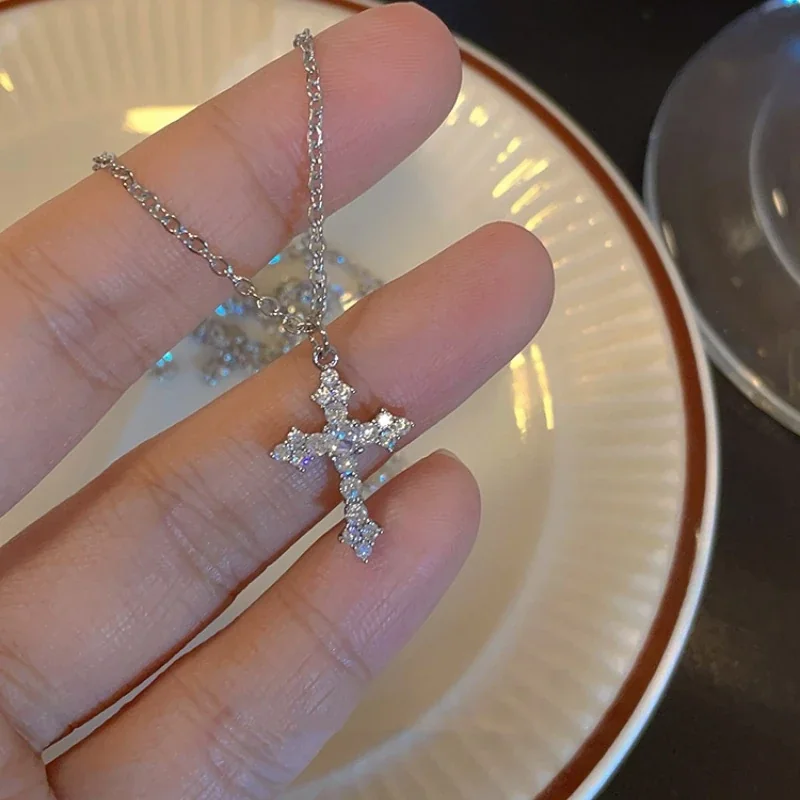 Ornate 925 Sterling Silver Clear-Stone Cross Pendant Necklace