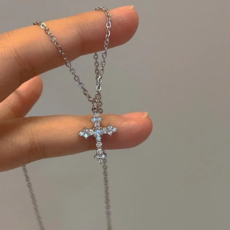 Ornate 925 Sterling Silver Clear-Stone Cross Pendant Necklace - Platinum-Tone