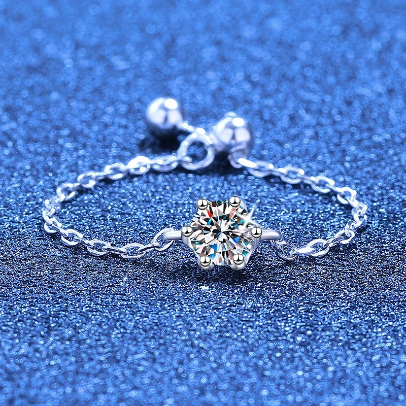 Delicate 925 sterling silver six-prong moissanite Chain Ring
