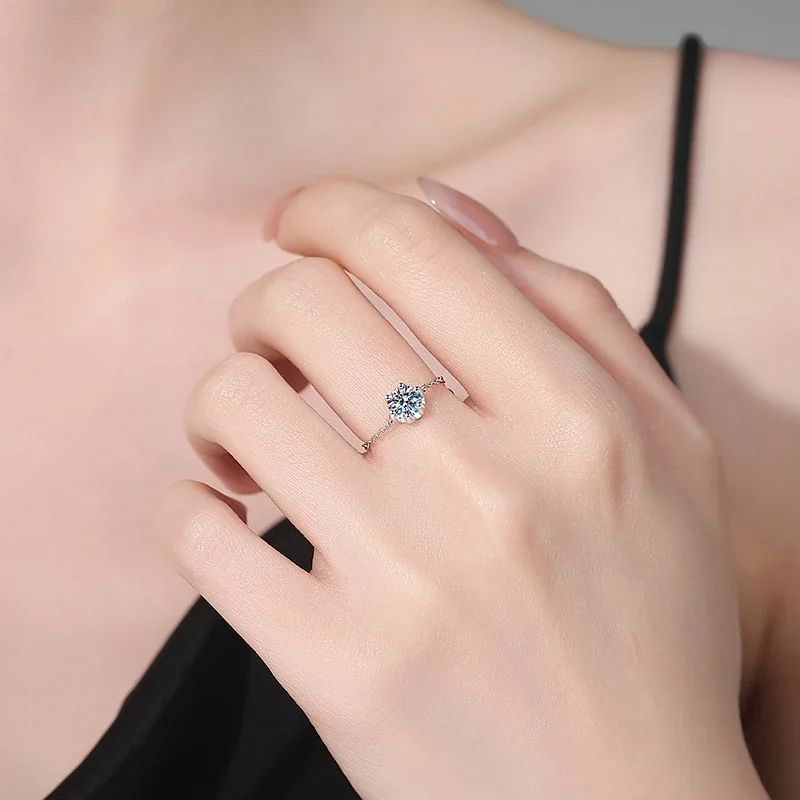 Delicate 925 sterling silver six-prong moissanite Chain Ring