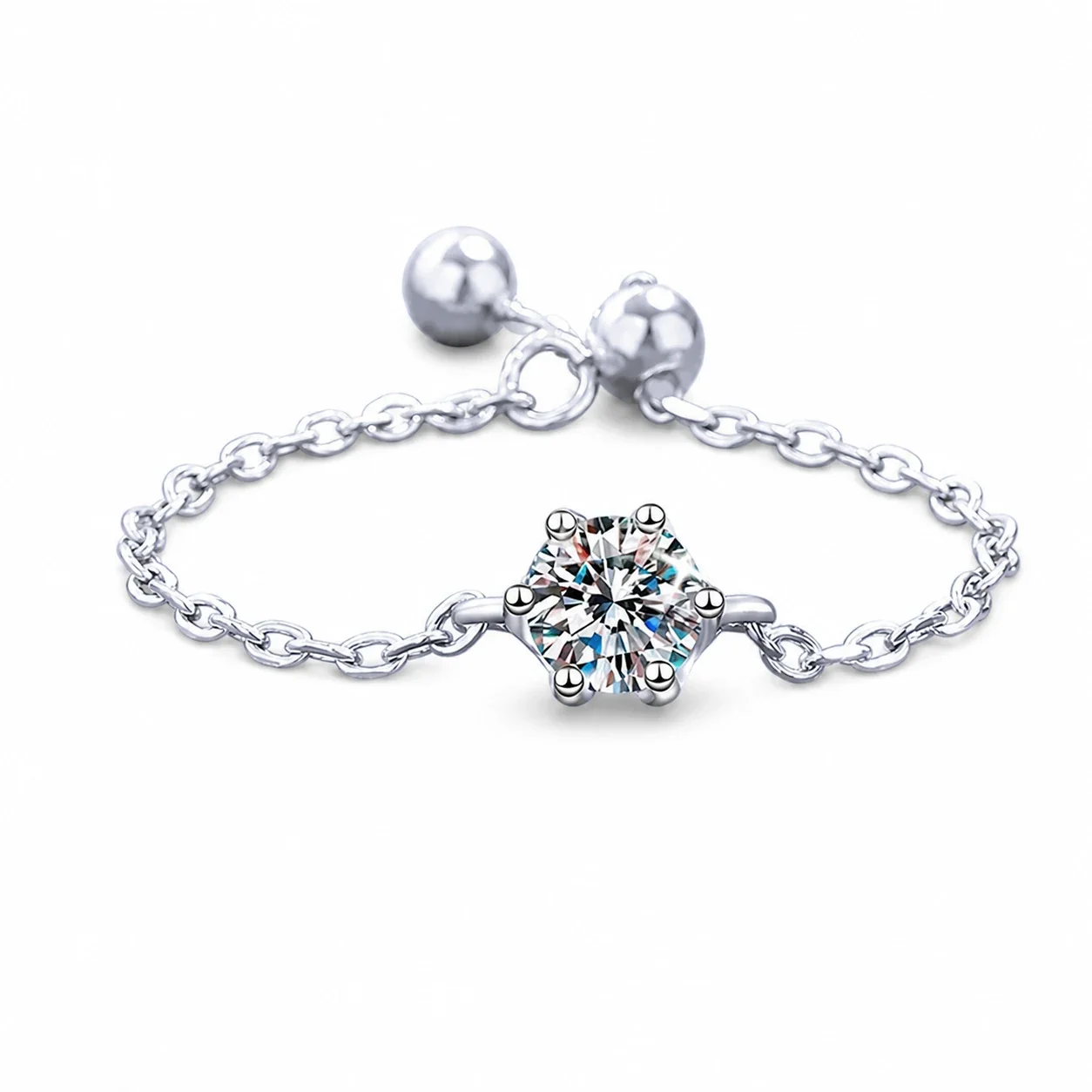 Delicate 925 sterling silver six-prong moissanite Chain Ring - . ct Moissanite