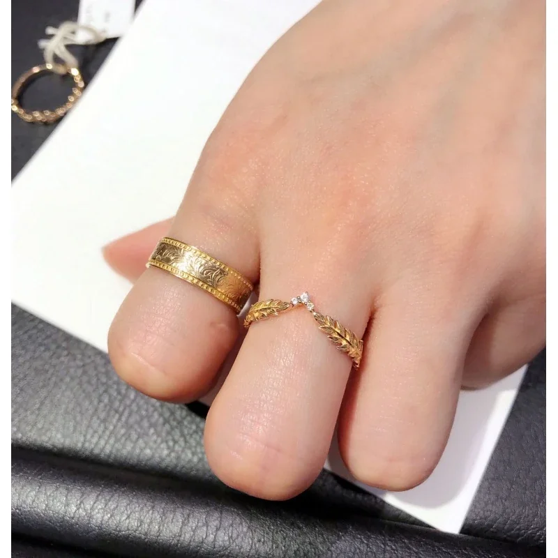 Botanical Copper Gold-Plated Leaf V-Point Stone Ring