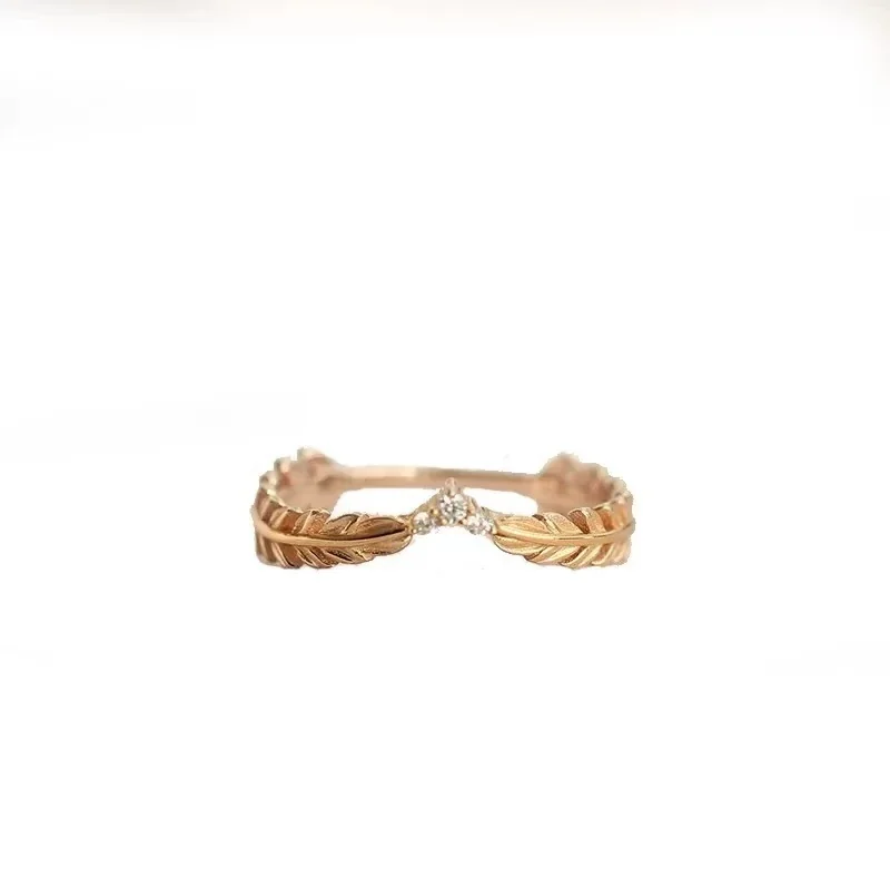 Botanical Copper Gold-Plated Leaf V-Point Stone Ring - Gold