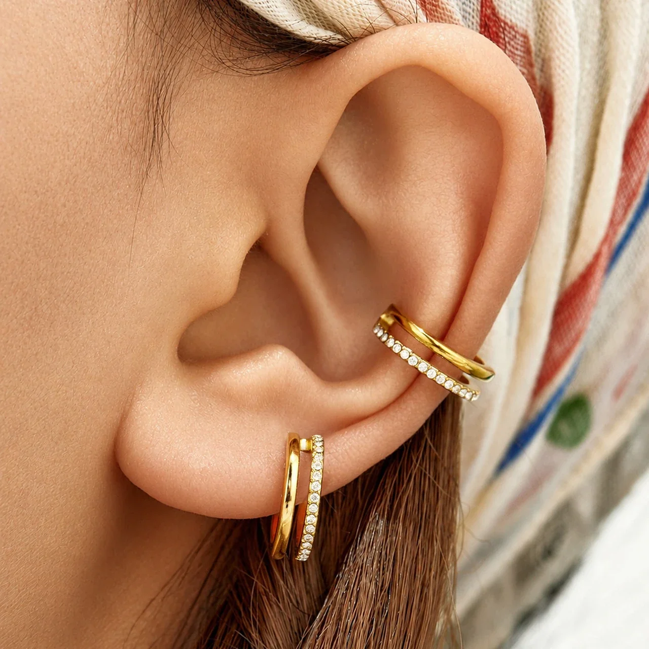 Sculpted Plated Double Hoop CZ Stainless Steel Earrings
