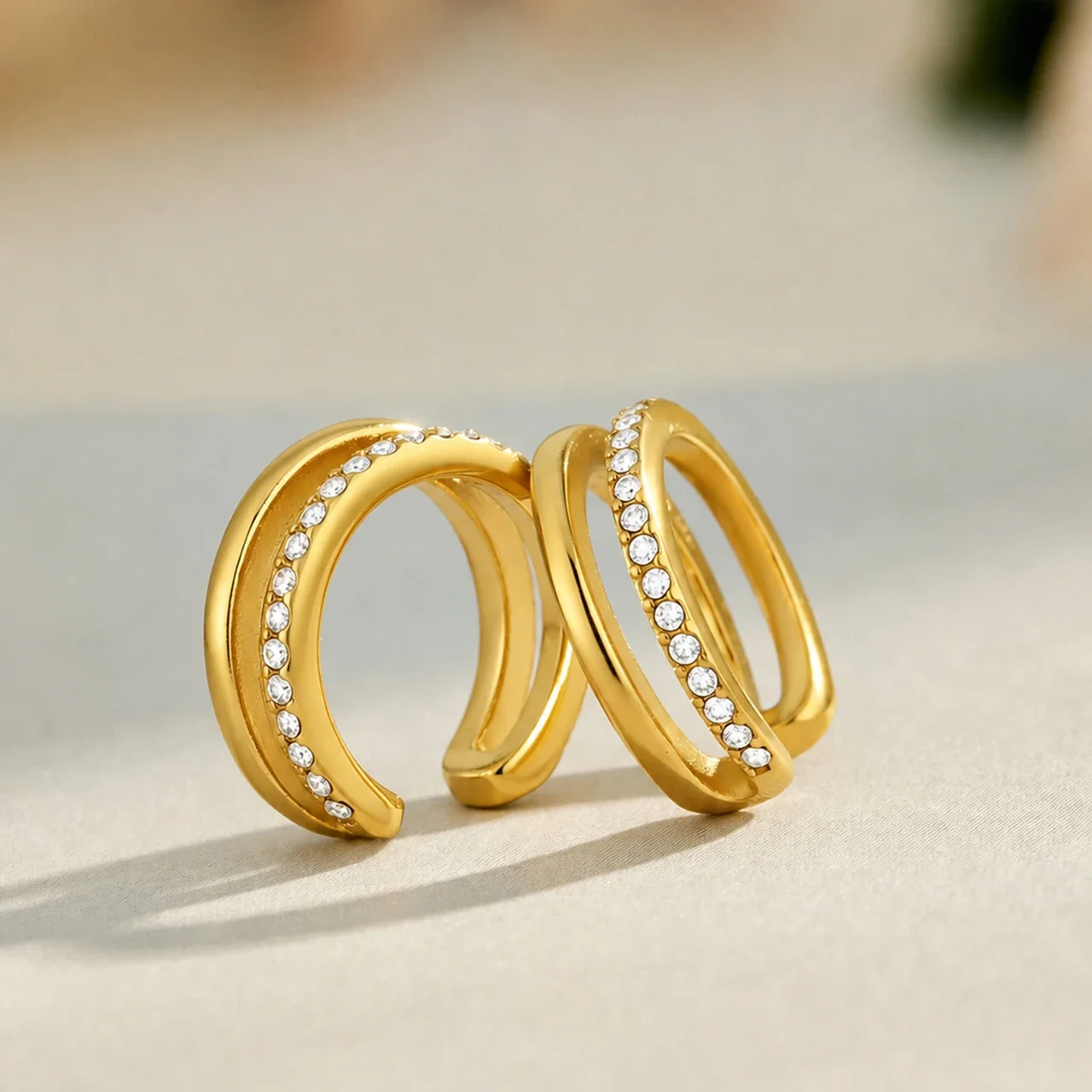 Sculpted Plated Double Hoop CZ Stainless Steel Earrings