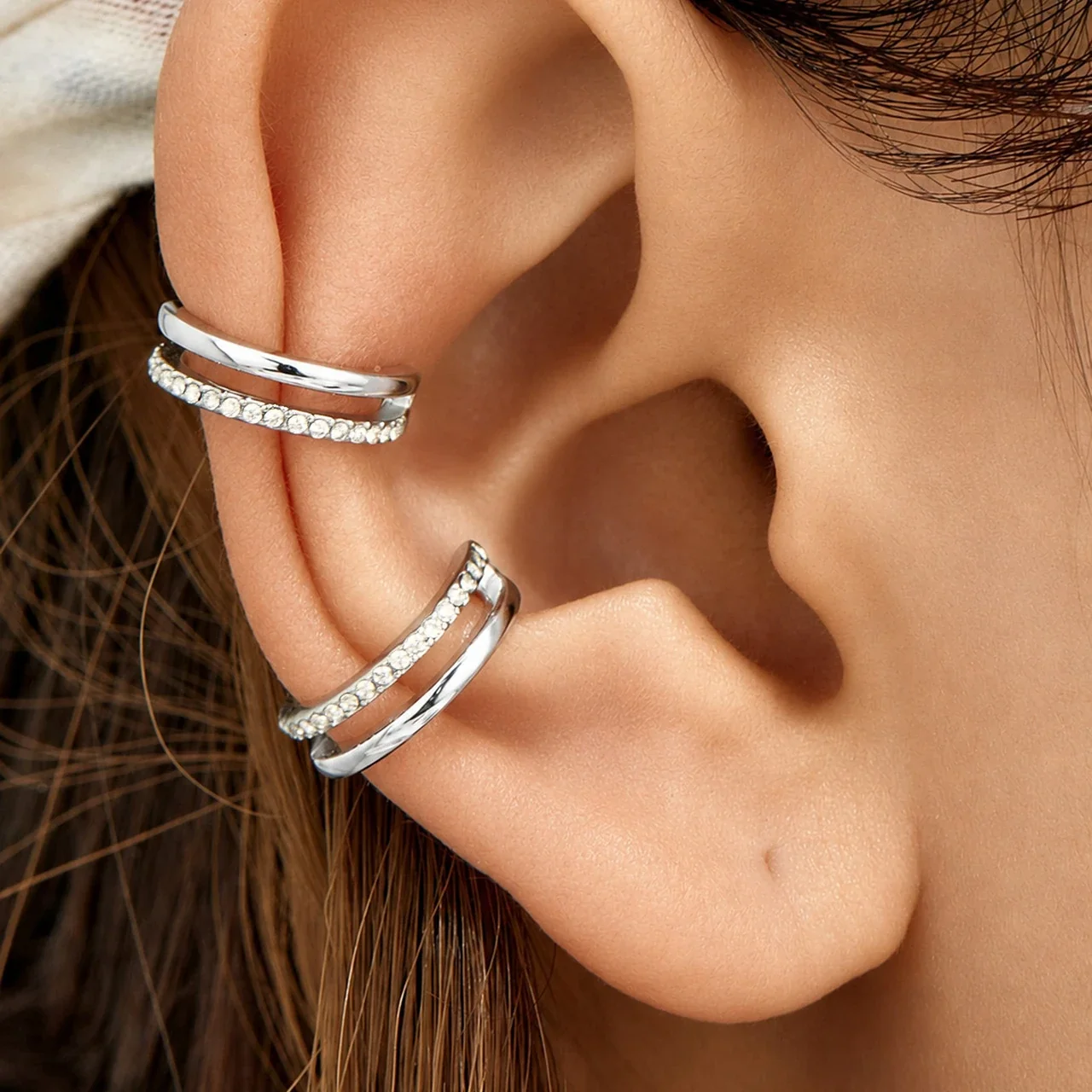 Sculpted Plated Double Hoop CZ Stainless Steel Earrings