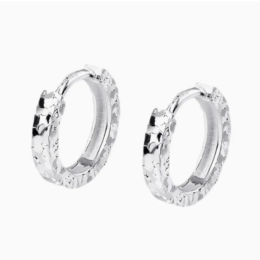 Textured 925 Sterling Silver Faceted Huggie Hoop Earrings