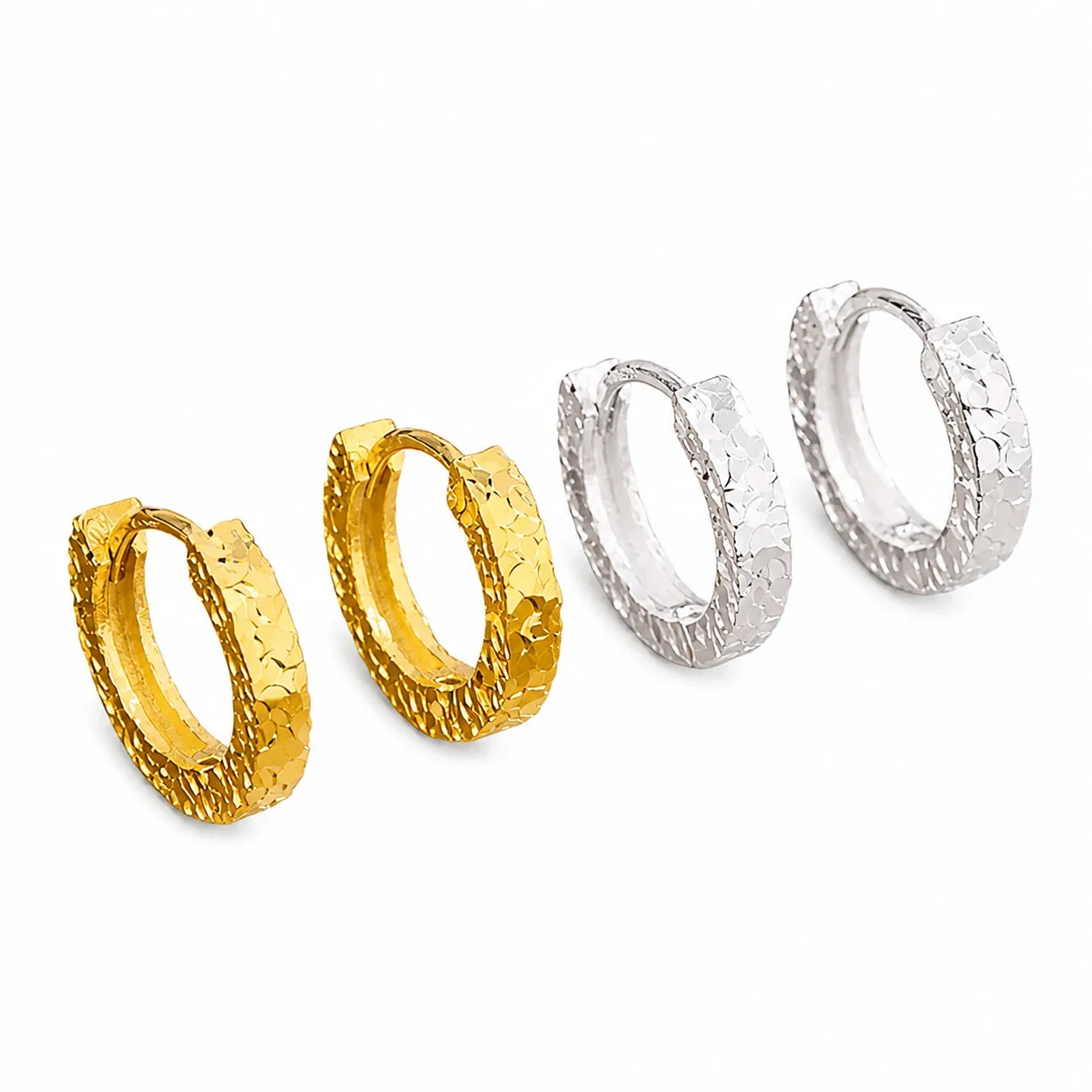 Textured 925 Sterling Silver Faceted Huggie Hoop Earrings