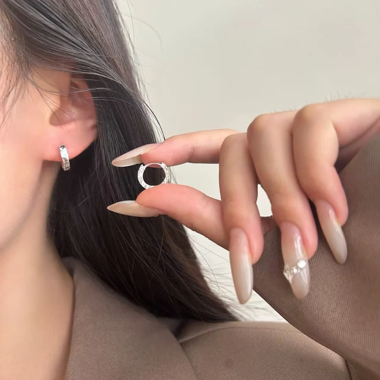 Textured 925 Sterling Silver Faceted Huggie Hoop Earrings