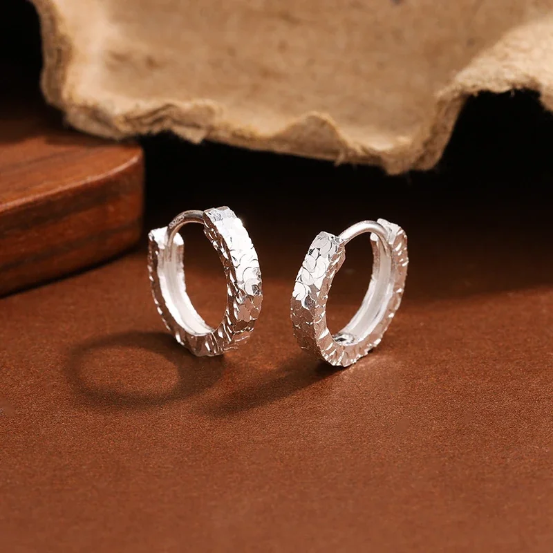 Textured 925 Sterling Silver Faceted Huggie Hoop Earrings