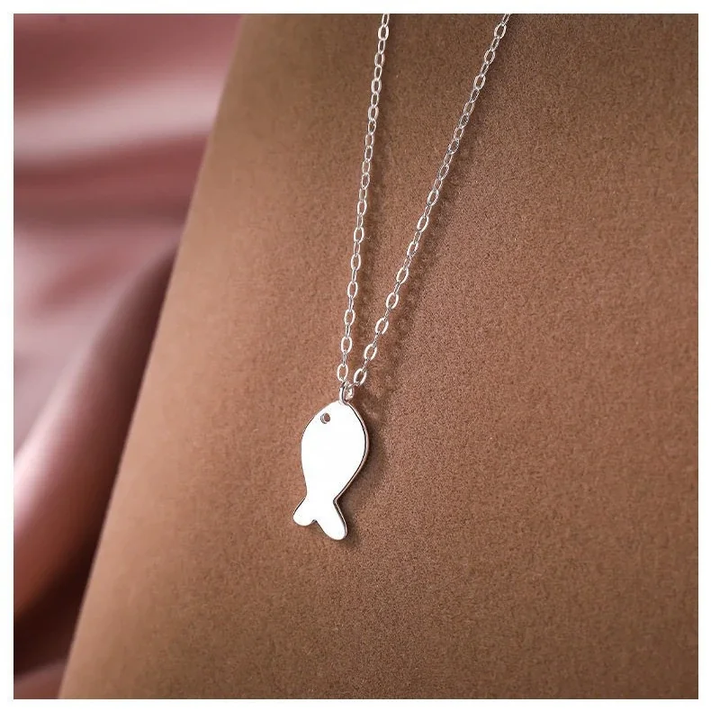 Petite Polished Fish 925 Sterling Silver Cable Necklace