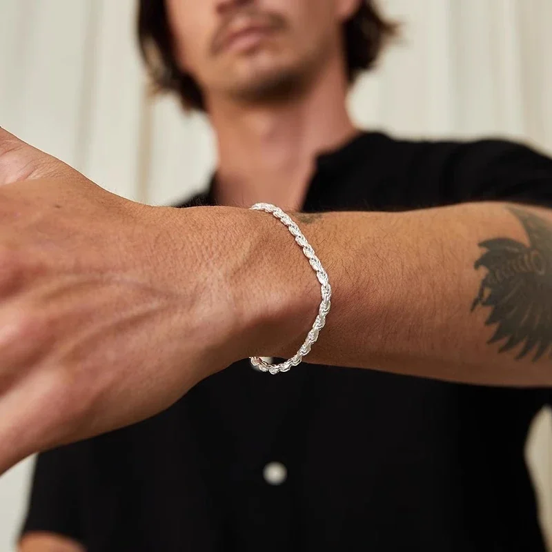 Sculptural 925 Sterling Silver Twisted Rope Chain Bracelet
