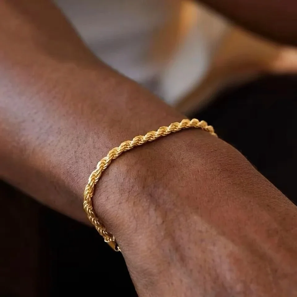 Sculptural 925 Sterling Silver Twisted Rope Chain Bracelet - Gold