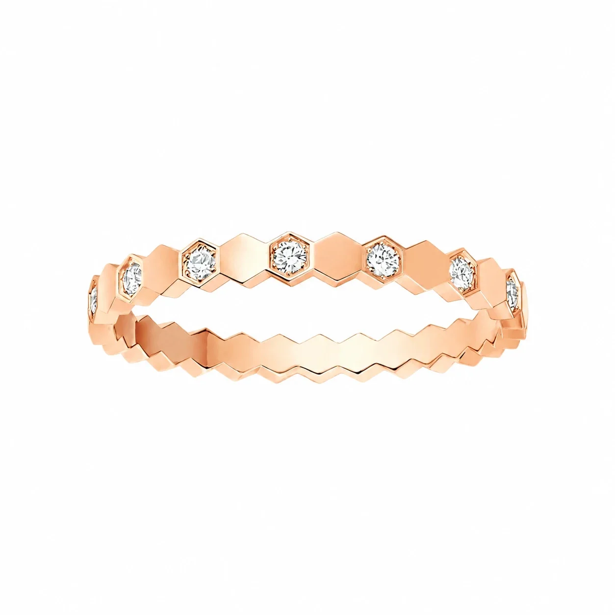 Honeycomb 925 Sterling Silver Hexagon Clear Stone Ring - Rose Gold With Alternating Clear Stones