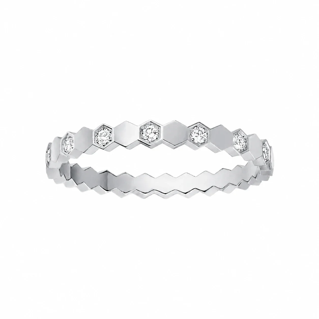 Honeycomb 925 Sterling Silver Hexagon Clear Stone Ring - Silver With Alternating Clear Stones